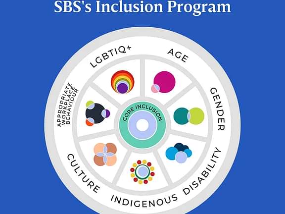 A graphic of a circle at the centre that says core inclusion. Then around the centre has LGBTIQ+. age, gender, disability, indigenous, culture and appropriate workplace behaviour